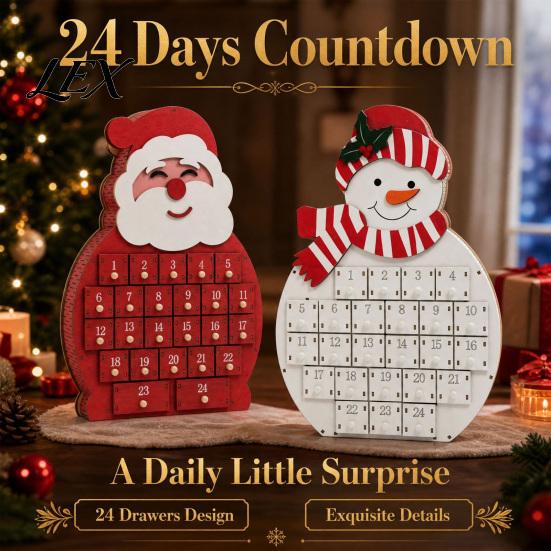 Decorative Advent Calendar Wooden Santa Snowman Calendar, 24-Day Countdown Box with Christmas Gift for Kids Numbered Drawers, Tabletop Decor,