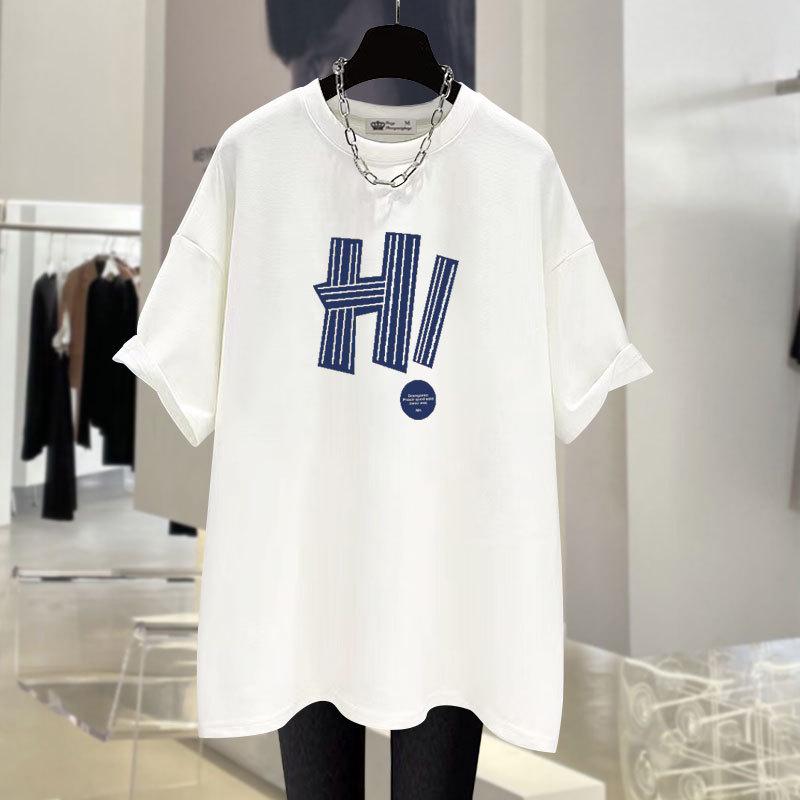 Новая летняя корейская футболка в гонконгском стиле с надписью Trendy Large Version Loose Grey с короткими рукавами для женщин средней длины