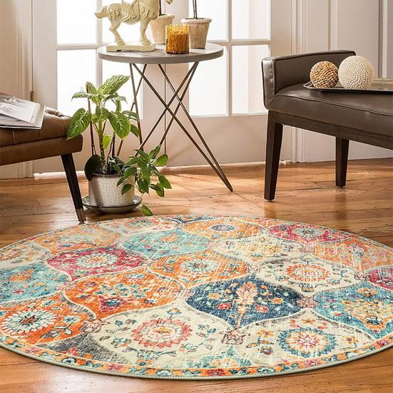 Round Moroccan Area Rug Vintage Flower Print Washable Living Room Bedroom Office