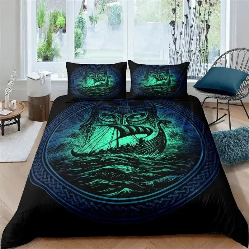 Viking Duvet Cover Set KingQueen Size Slate Blue Mjolnir Pattern Bedding Set Northern Germanic Culture Polyester Quilt Cover