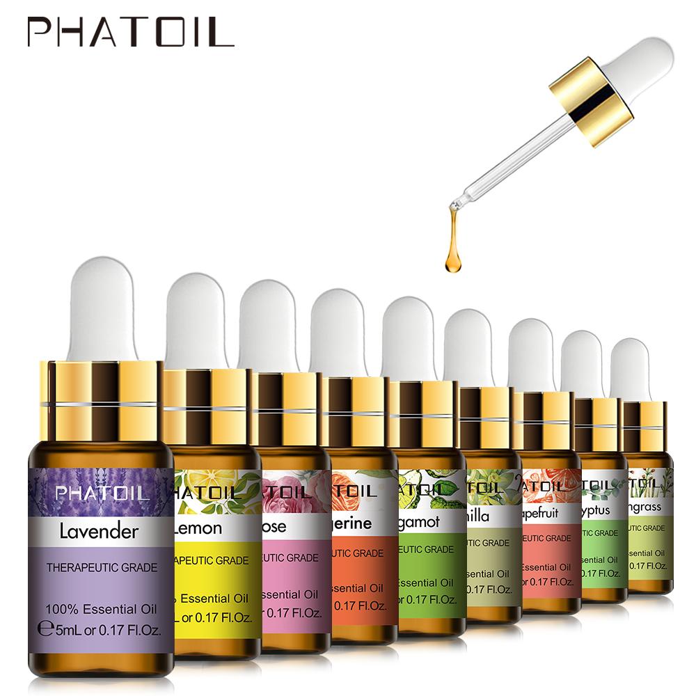 PHATOIL 5ML Rose Jasmine Lavender Plant Essential Oil with Dropper Purify the Air Bactericide Spa Body Care Vanilla Eucalyptus Tea Tree Oil