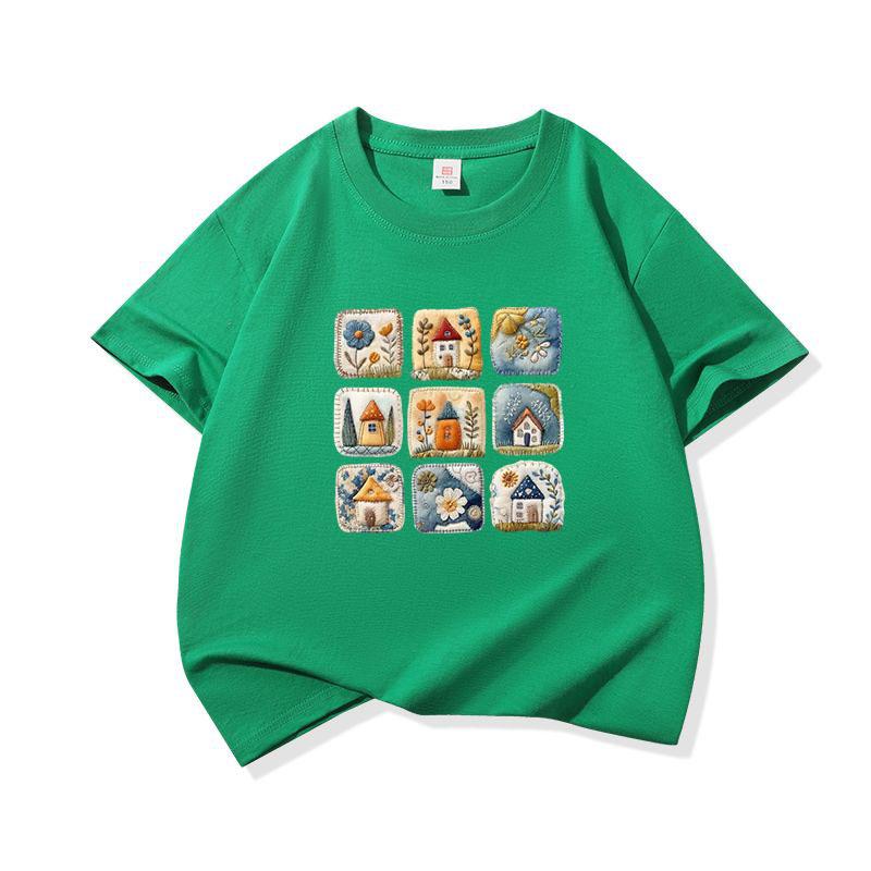 Kids Cotton T Shirt Cute Retro House Print Crew Neck Short Sleeve Tee Casual Breathable Boys Girls Summer Tops