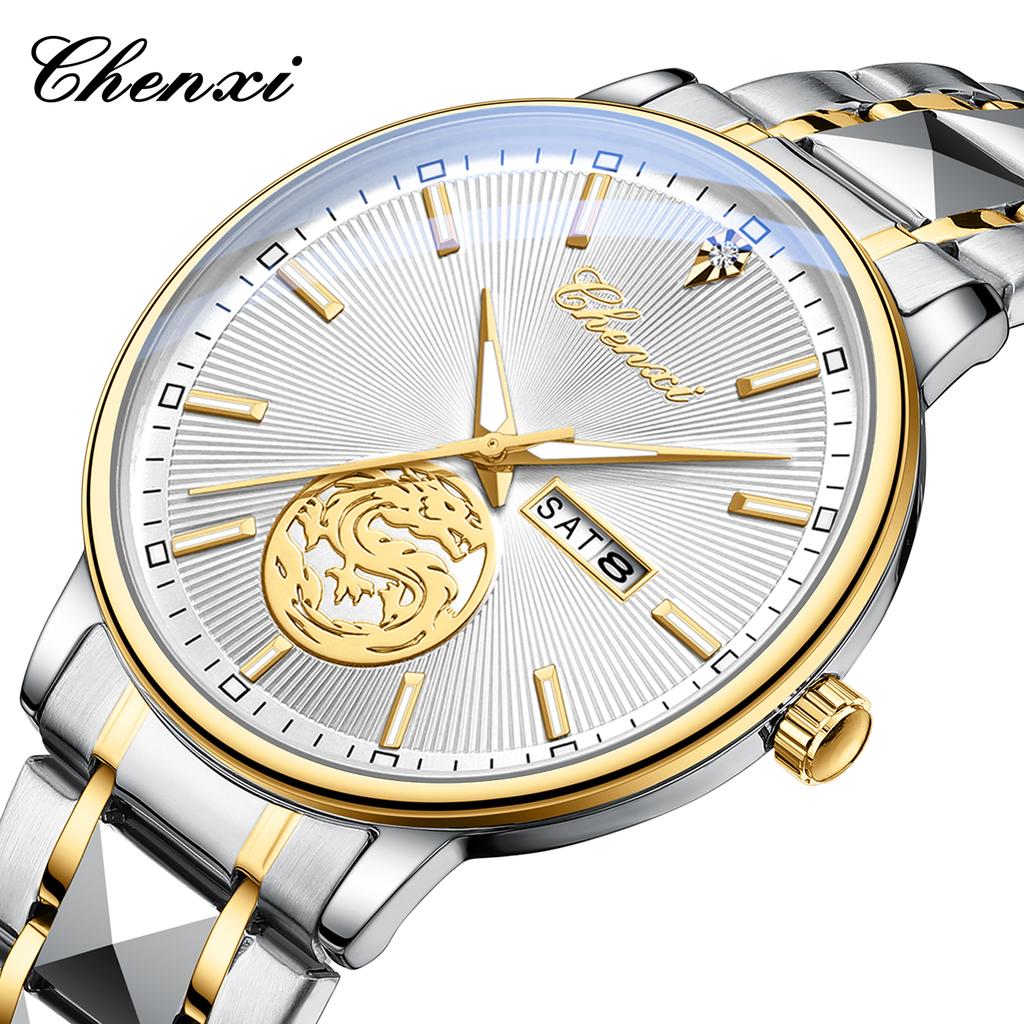 Chenxi Luxury Watch Men Golden Dragon Pattern Stainless Steel Fashion Quartz Wristwatches Curved Mirror Watches For Men Business