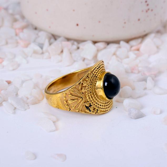 Black Onyx Brass Ring, Wide Band Statement Jewelry, Rustic Tribal Gemstone Ring, Protective Stone Boho Gift, Unisex Cocktail Ring