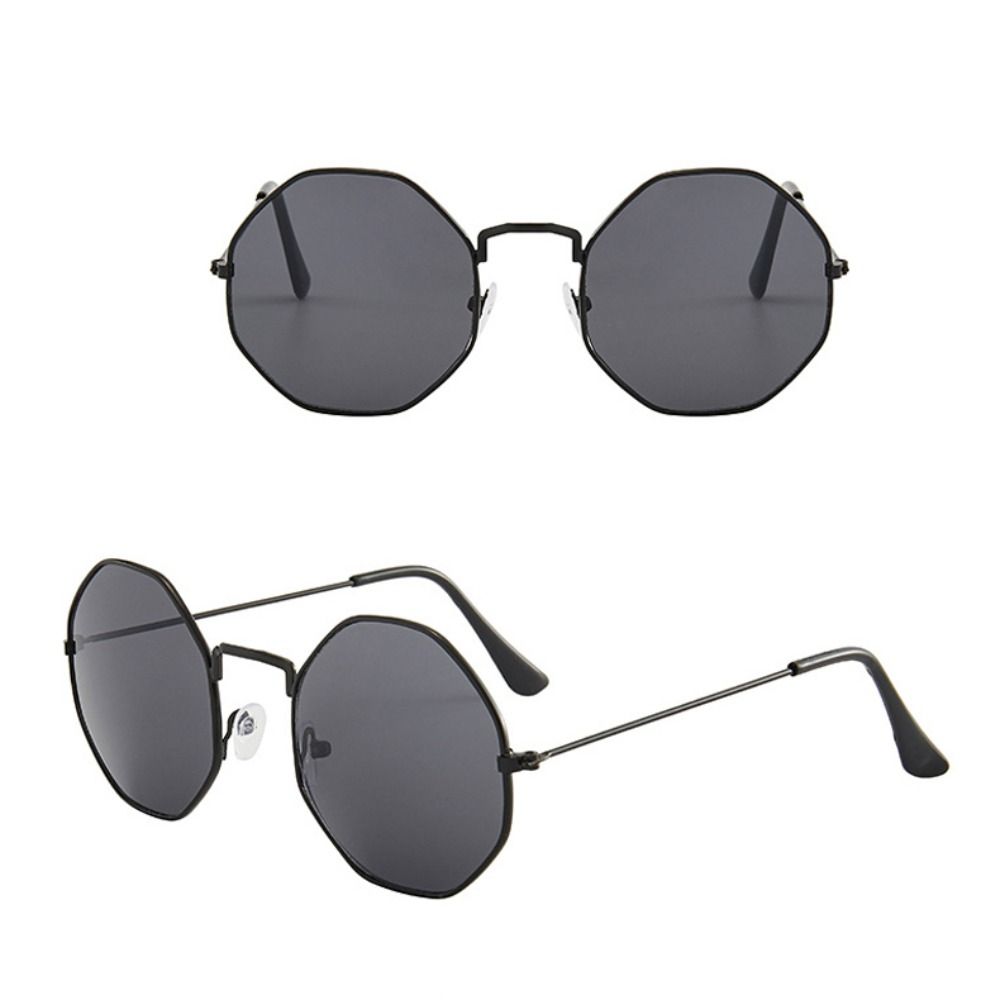 Sun-Protective Round Sunglasses Polygonal Shape Black Shades Glasses Fashion Eyewear for Women Man