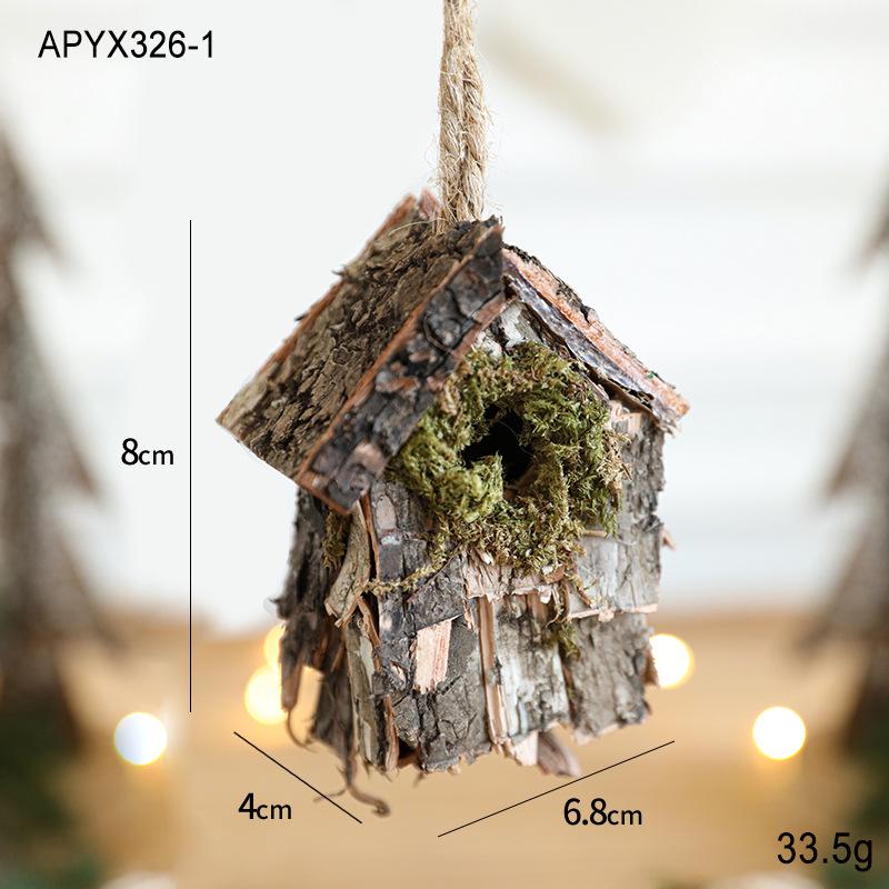 Wooden Birdhouse Pendant with Moss, Bark, Flowers & Grass - Thatch Roof Ornament for Christmas Tree Decoration.