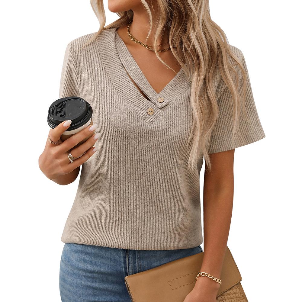 Knitted Pit Stripe V-neck Button Top Short Sleeved Women's T-shirts