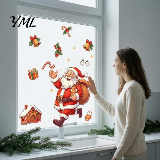 Removable Glass Stickers Santa Claus Static Window Cling, Christmas with Running Santa, Candy Gift for Cane & Bell, Reusable PVC Holiday Decor