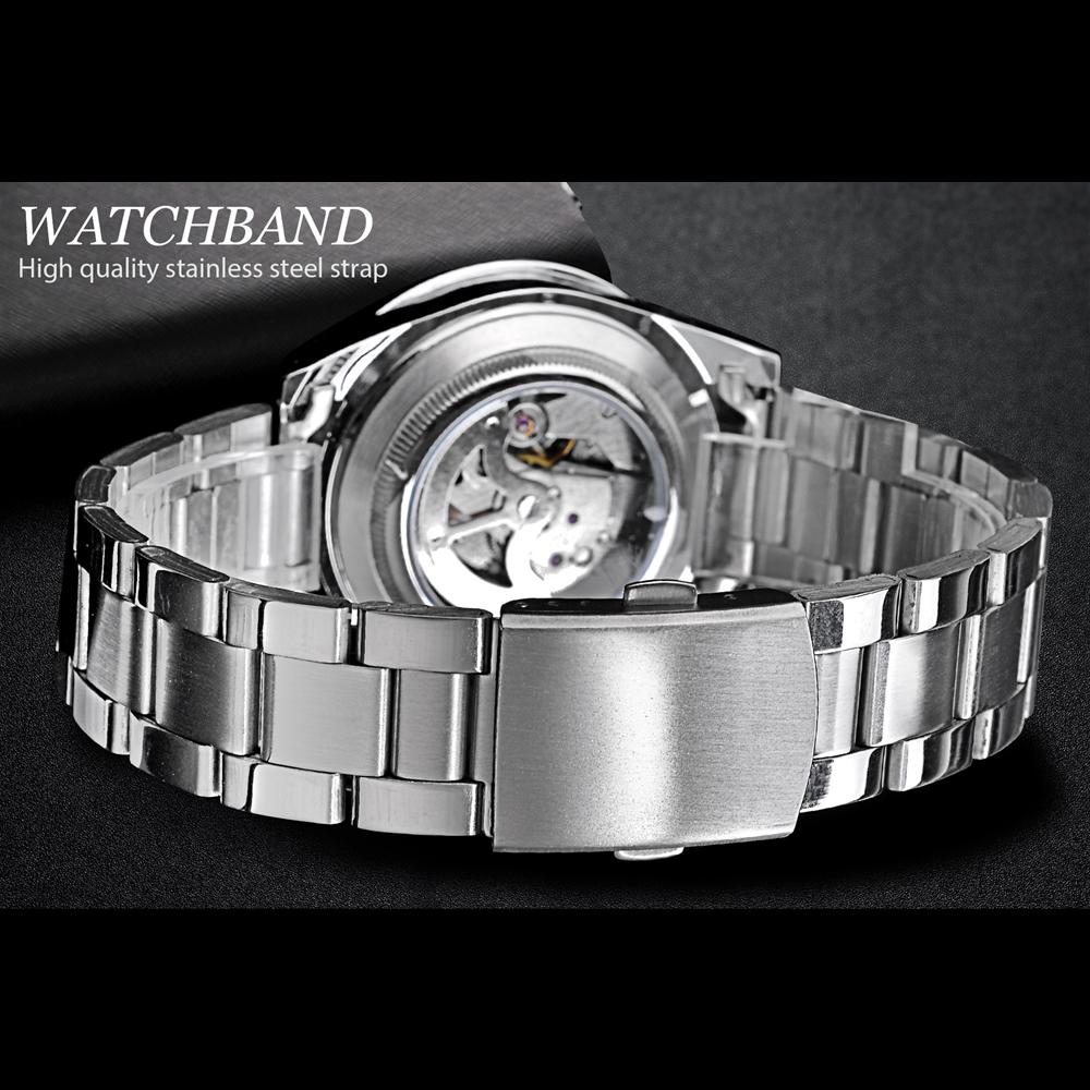 WINNER Top Men's Watch Automatic Mechanical Ribbon Calendar Water Ghost Series Watch Silver Stainless Steel Waterproof Luminous