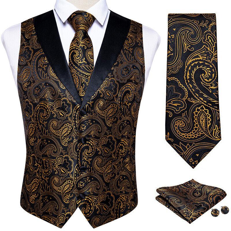 Dibangu Silk Suit Vest for Men Black Gold Jacquare Waistcoat Necktie Hanky Cufflinks 4pc