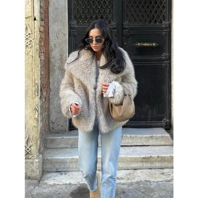 Women Fashion Cropped Faux Fur Jacket Coat Long Sleeve Front Snap-button Female Outerwear Chic Lapel Collar Thick Coat