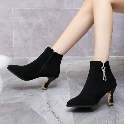 Модные ботильоны на каблуке, черные однотонные ботильоны до щиколотки для женщин, стразы, новинка моды 2025, по акции, тренд, распродажа, женская короткая обувь