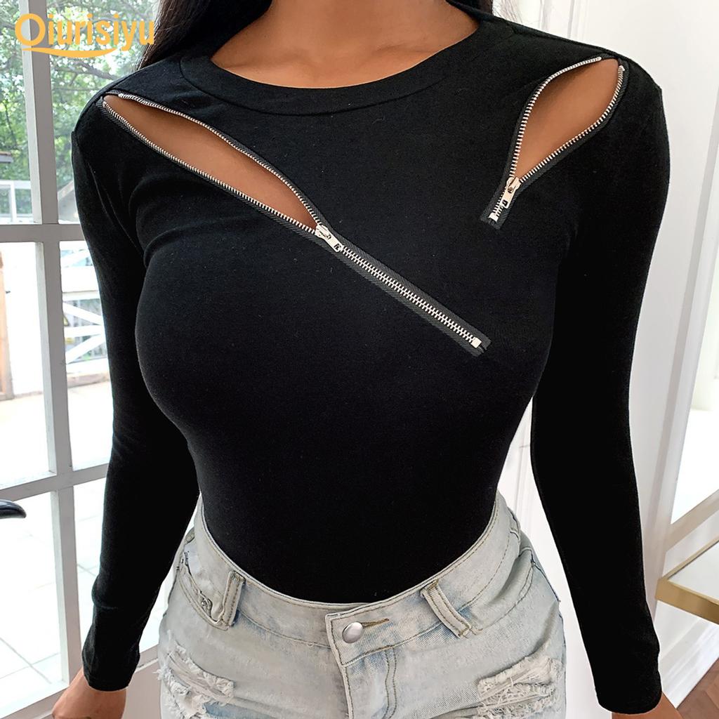 Женская тонкая блузка без бретелек с длинным рукавом и застежкой-молнией с круглым вырезом, футболка