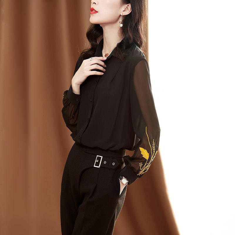 Women Black Chiffon Embroidery Shirt Long Sleeve Loose Blouse Casual Office Top
