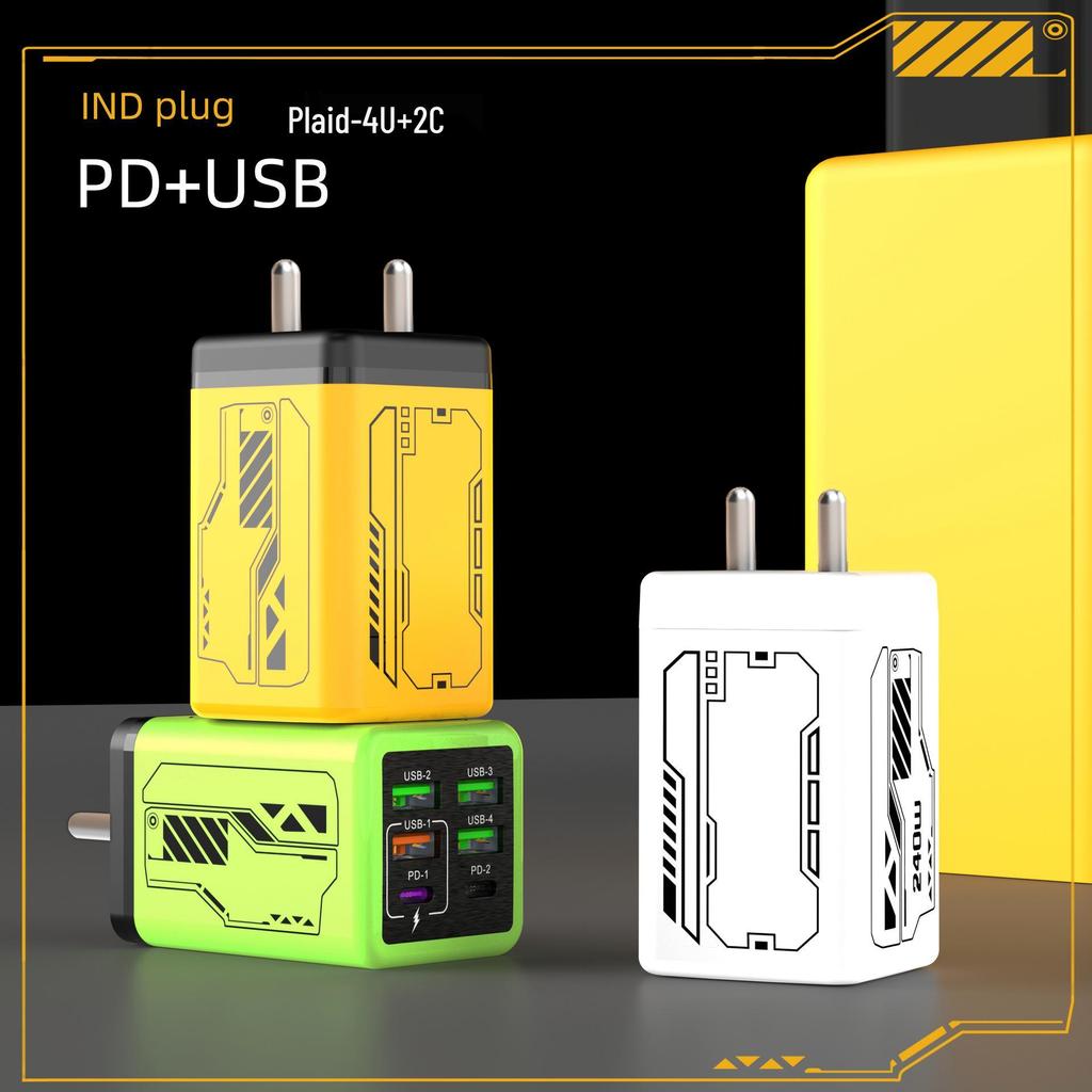 Быстрое зарядное устройство PD240W в стиле меха: 4 порта USB и 2 порта Type-C, Совместимость с устройствами Apple и Huawei