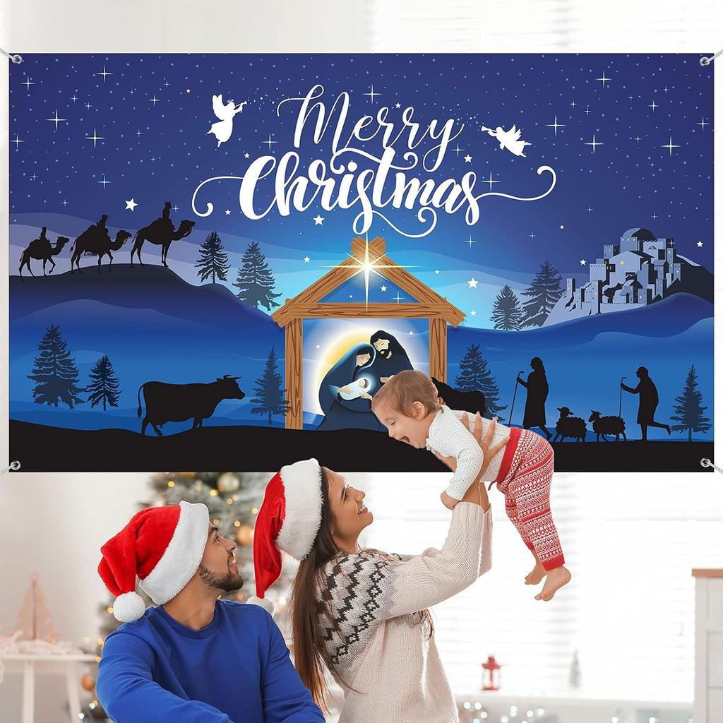 1pc Merry Christmas, Nativity Scene Polyester Background Fabric - Blue background Christmas Party Decoration and photography