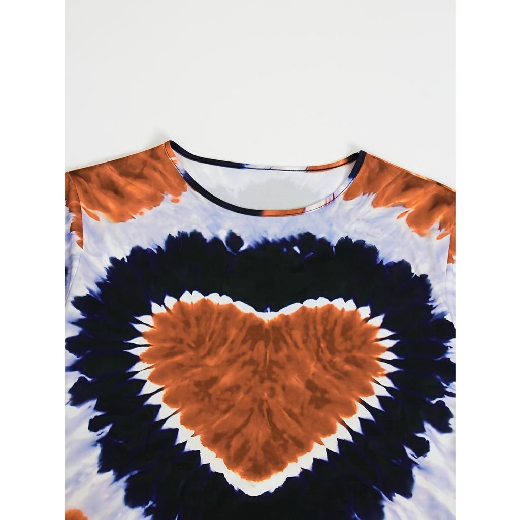 Новая женская футболка большого размера с принтом в виде сердца и tie-dye, повседневная футболка с коротким рукавом для весны и лета