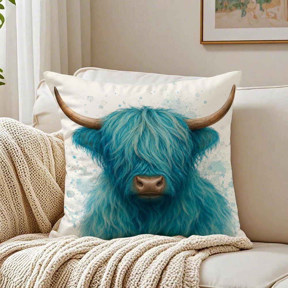 Turquoise Highland Cow Pillow Case Double-Sided Plush Sofa Cushion Covers Organic Breathable Invisible Zipper