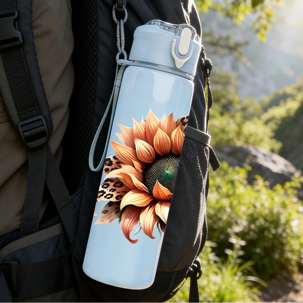 1PC Leopard Sunflower Bloom Graphic,750ml Color Plastic Sports Water Bottle,Leakproof Flip Straw Lid,Suitable for Sports Office Home Use