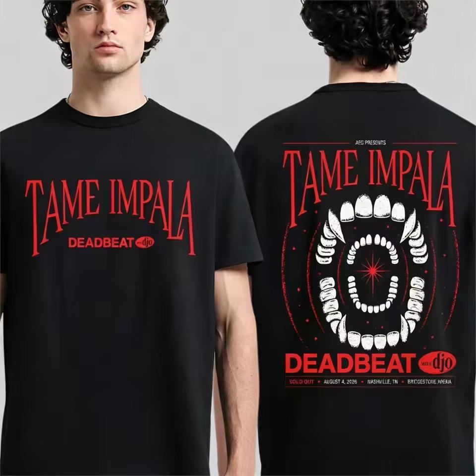 Tame Impala 2026 Deadbeat Tour T‑Shirt Retro Rock Band Fangs Graphic Print Short Sleeve Oversized Casual Streetwear Tee
