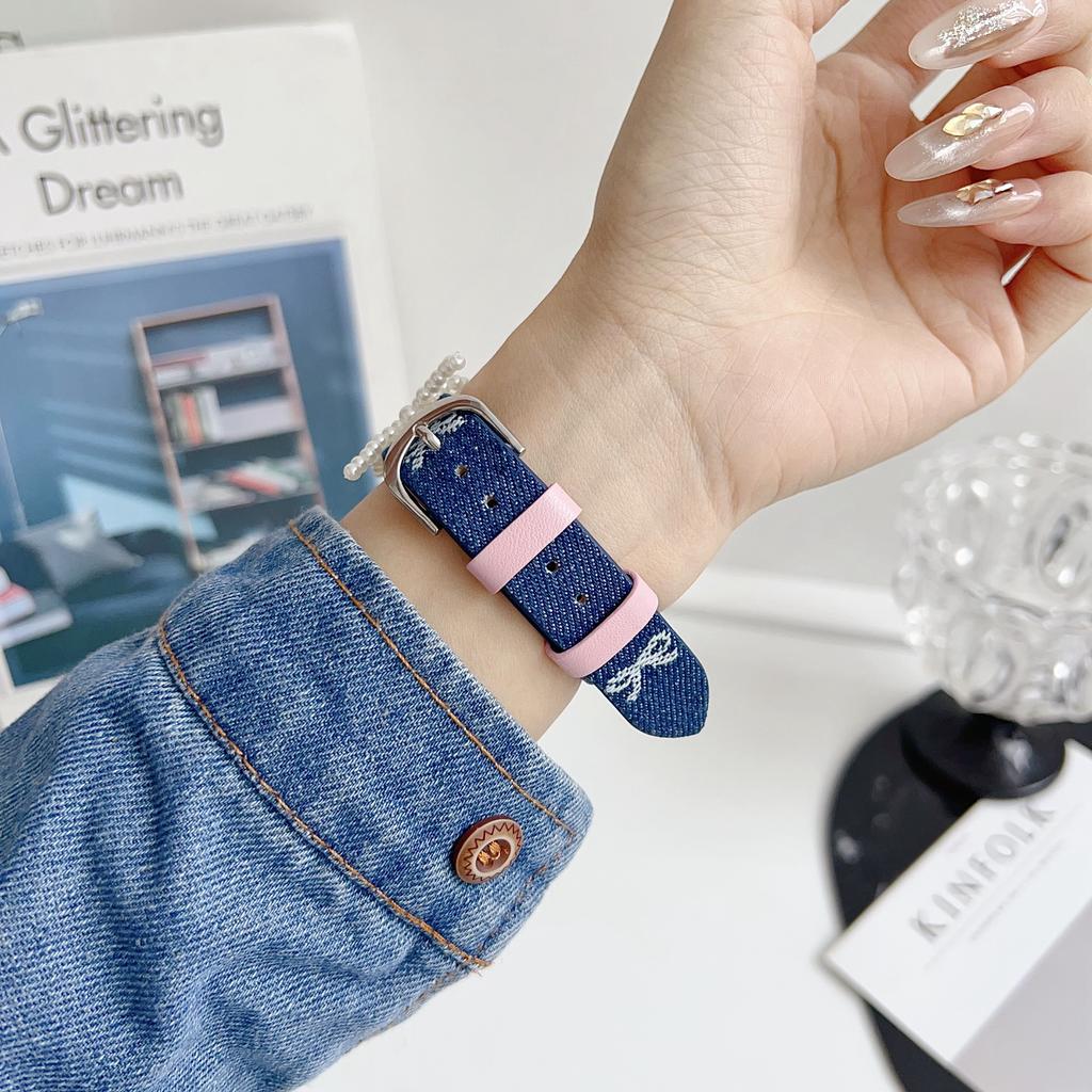 Ремешок для Apple Watch Series 10 Ultra 9 8 7 SE 6 5 4 3 2 1 46 мм 49 мм 45 мм 44 мм 42 мм Жемчужный бантик Джинсовый кожаный ремешок для часов