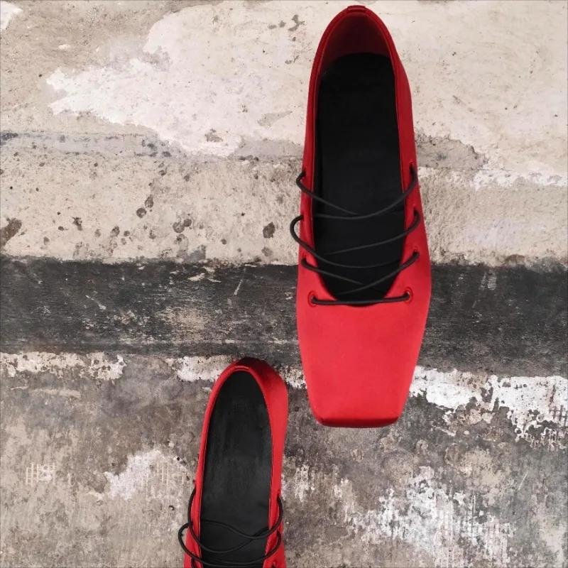 Fashion Spring and Summer New Retro Satin Square Toe Lace-up Ballet Shoes Women's Light Mouth Casual Outside Wear Flat Heels