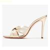 Pointed-Toe Slippers Bow-Knot Shallow Slip On Thin Heel Summer Sandals Gold/apricot Leather Women 2025 New Slides