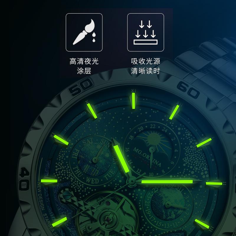 New Men's Stainless Steel Mechanical Watches, 3 ATM Waterproof Luminous Hand Blue Sport Watch, Moon Phase Wrist Watch,Male Clock