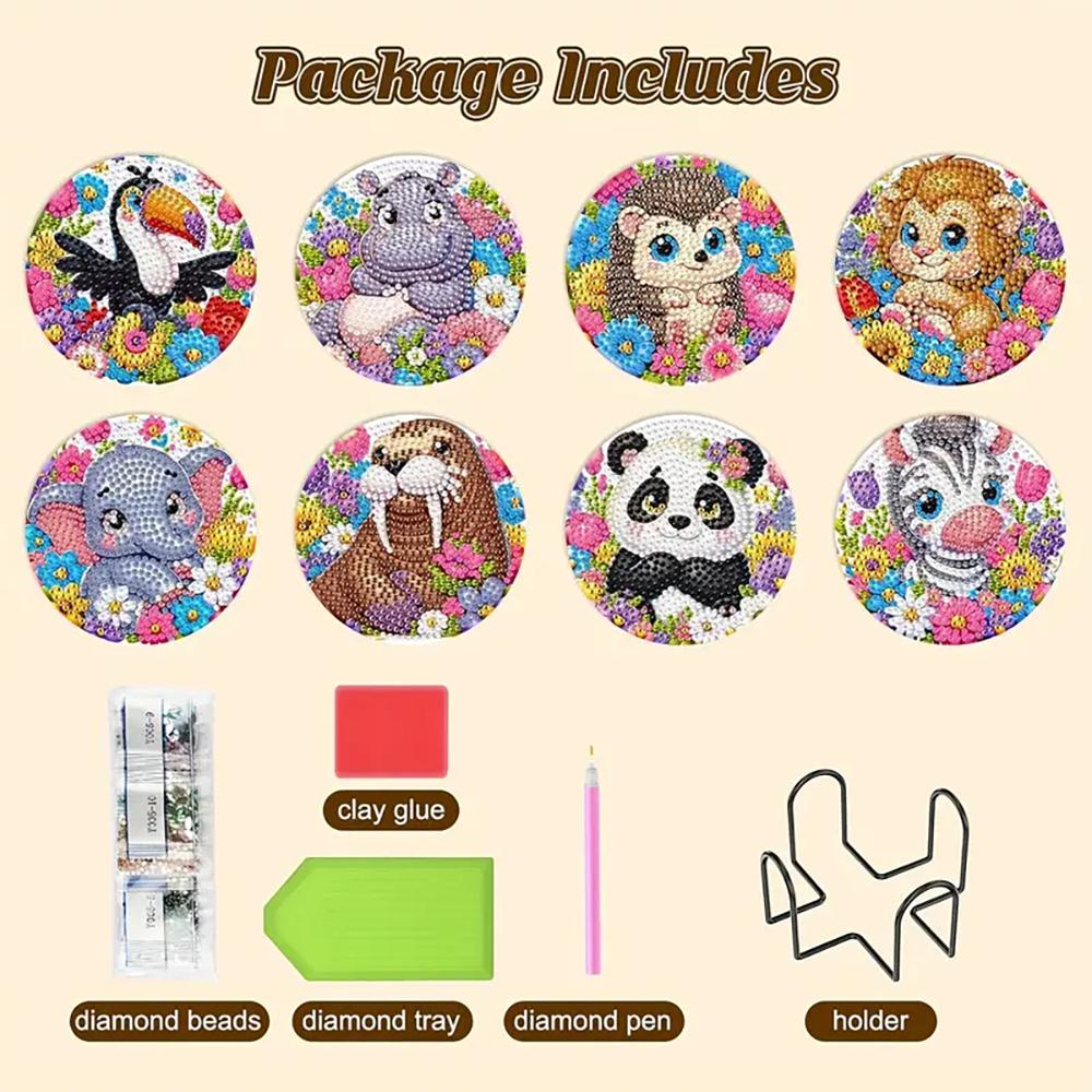 8 Pieces/set of Diamond Painted Animal Patterned Coasters, DIY Coasters with Holder, Suitable for Beginners and Adults, Art and Craft Supplies Gifts