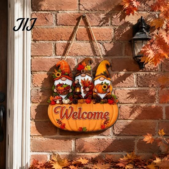 Durable Solid Wood Plaque Autumn Pumpkin Gnome Welcome Sign for Front Door, Rustic Hanging Thanksgiving Wall Ornament with Hemp Rope Fall Harvest Home