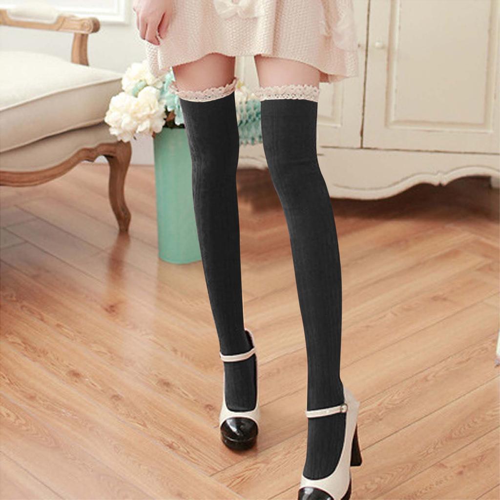 Women Lady Warm Cotton Thigh High Long Stockings Knit Over Knee Lace Socks