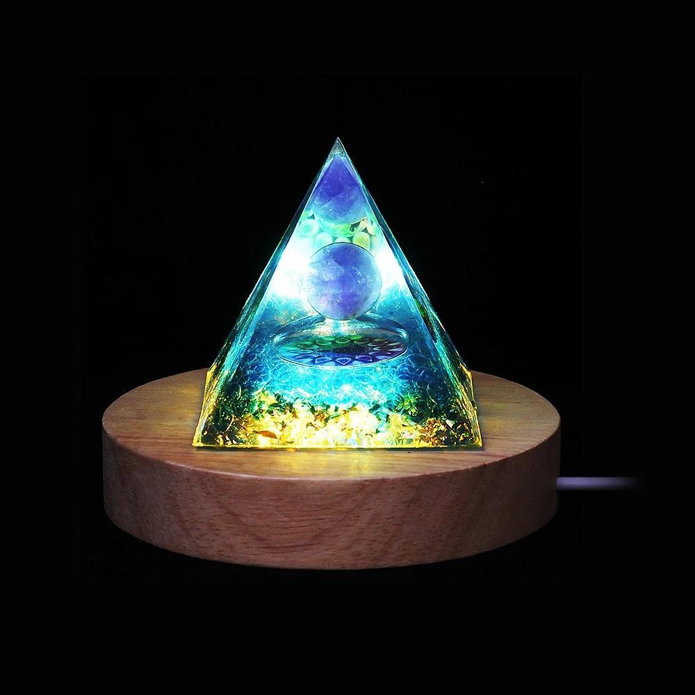 Pyramid Orgonite + Led Lamp Base 5Cm Crystal Stones Amulet 5Cm Hx07