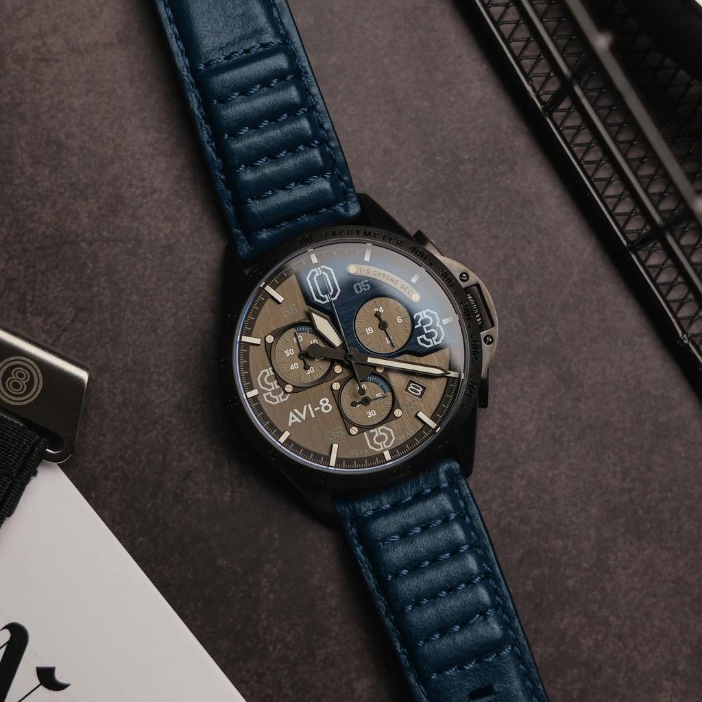 AVI-8 P-51 Mustang Blakeslee Chronograph Air Blue Leather Strap Серый и синий циферблат Кварцевые часы AV-4077-04 Мужские часы
