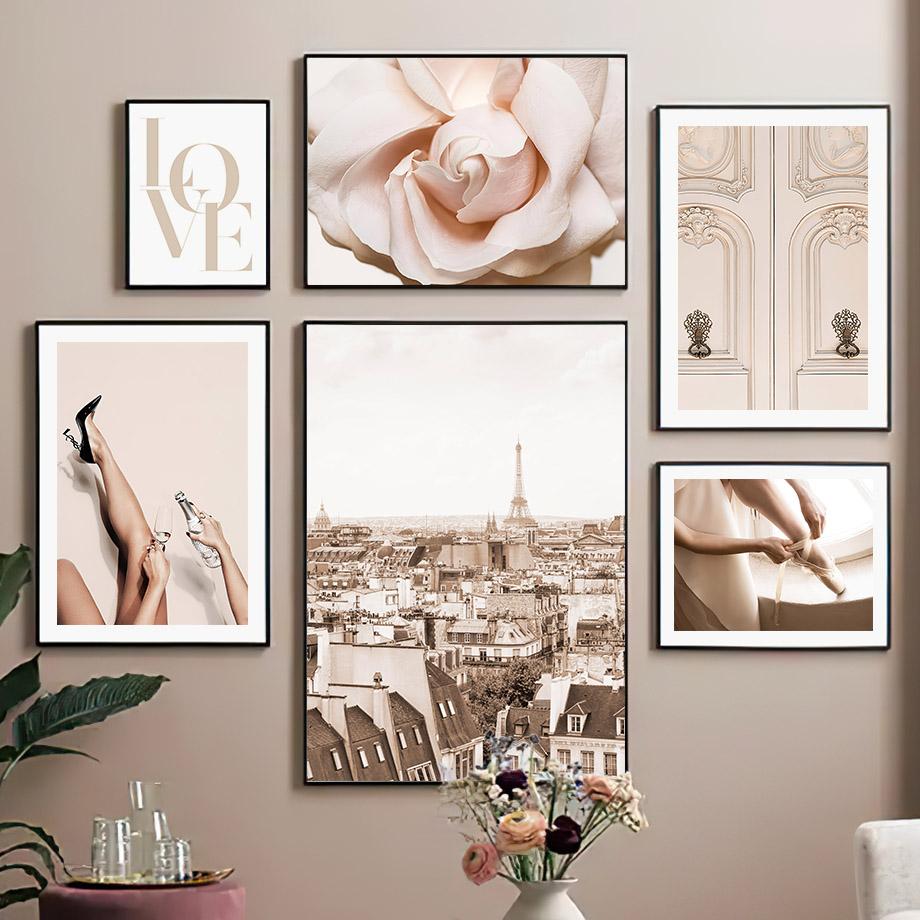 Настенное искусство бежевого Парижа, винтажное здание, цветок шампанского, модная девушка, декор для гостиной, холст, живопись, постеры и принты, изображение