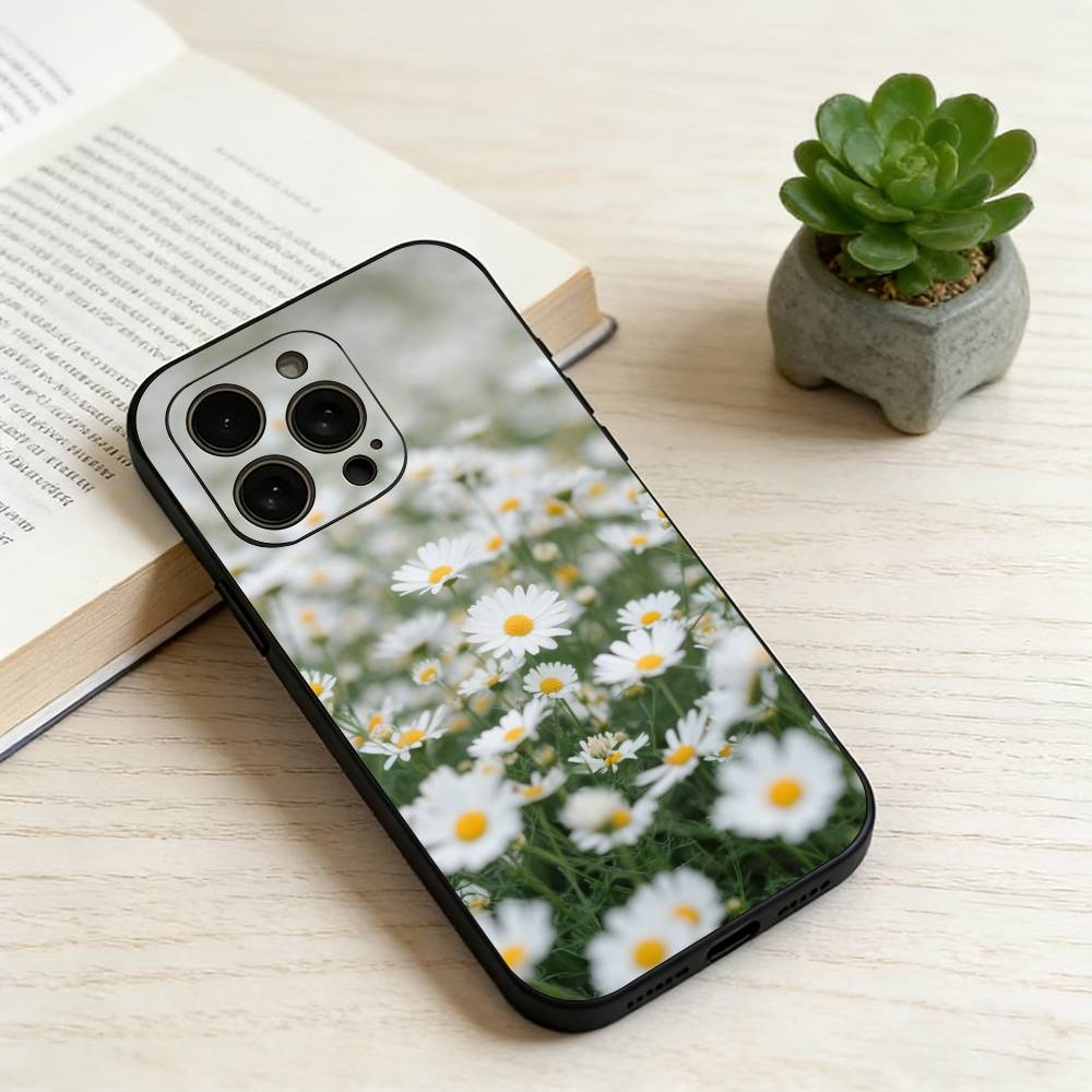 Чехол для телефона с ромашками для iPhone 17,16,15,14,13,12,11 Plus,Pro Max,XS, Мягкий силиконовый черный чехол
