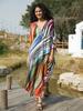 EDOLYNSA Colorful Striped Print Plus Size Retro Kaftan V-neck Side Split House Dress 2024 Summer Women's Beach Swimsuit Cover Up Q1628