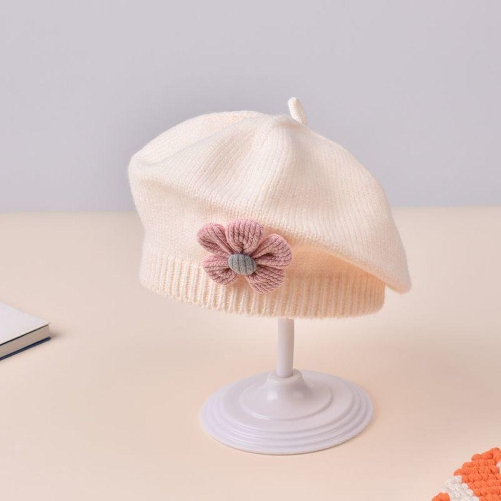 Korean Baby Beret Hat Flower Baby Knitted Hat Cute Knitted Beanie Cap For Infant Girls