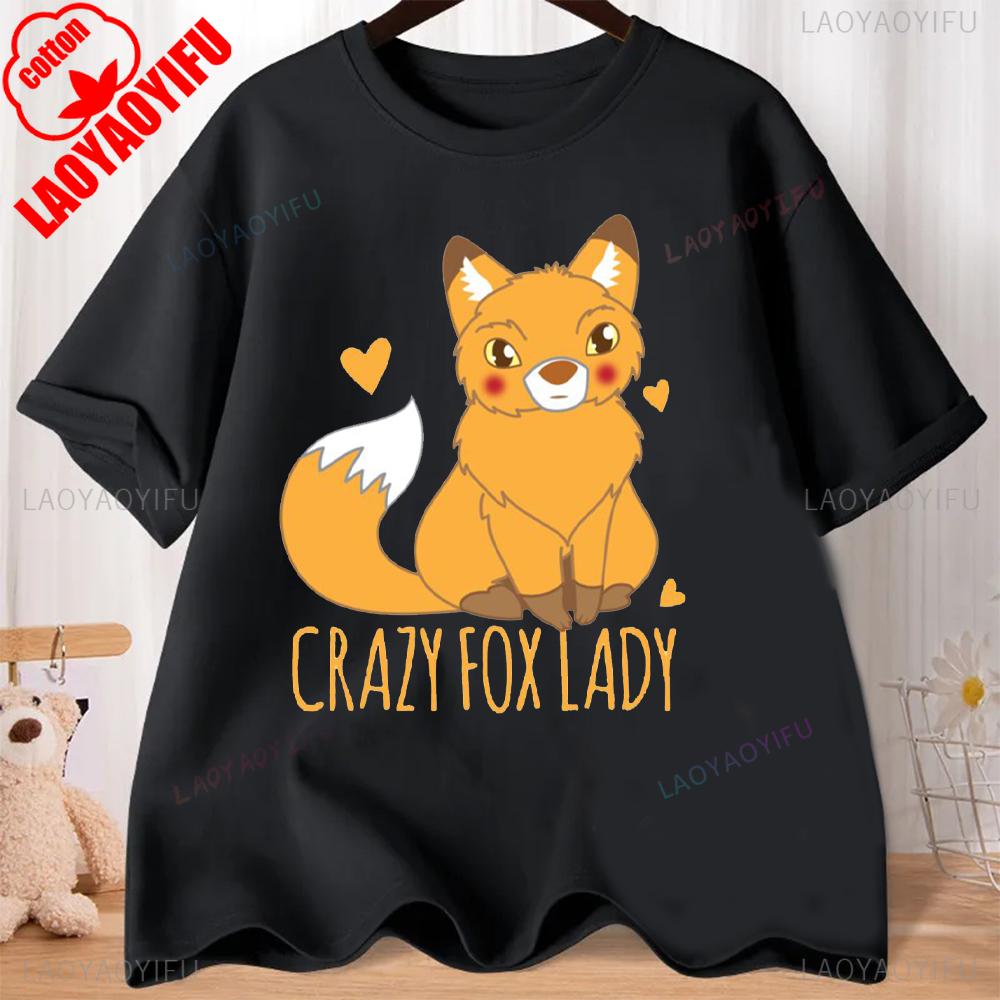 Lovely Cartoon Fox Graphic T-shirts Comfort and Fashion Coexist Short-sleeve Round Neck Regular Fit Clothes CRAZY FOX LADY