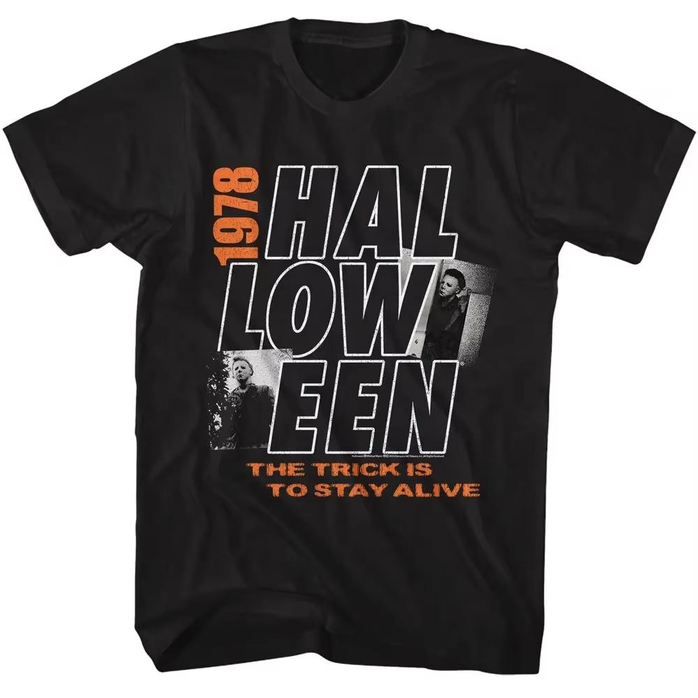 2026 Black Crew Neck T‑shirt Retro Horror Mask Figure Back‑Print Slogan Front Unisex Cotton Short Sleeve Tee