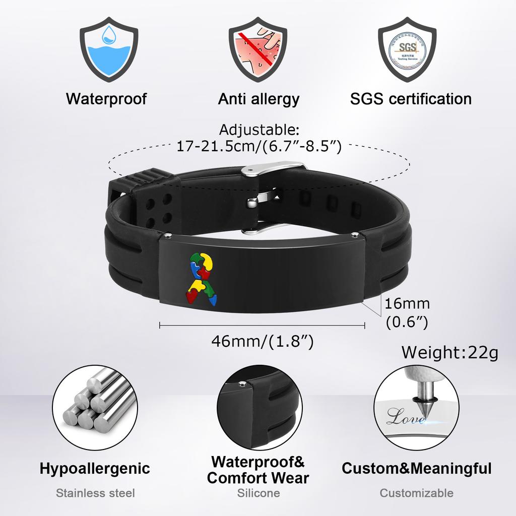 Vnox 12 мм/16 мм Персонализированный браслет awareness аутизма, Мужские Женские Индивидуальные Медицинские ID браслеты, Регулируемый браслет от потери