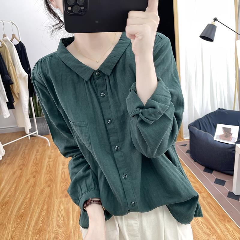 Женская одежда Лонгслив с воротником поло однотонный офисный стиль для леди-коммутера весна-осень свободный винтажный на пуговицах с карманами рубашка