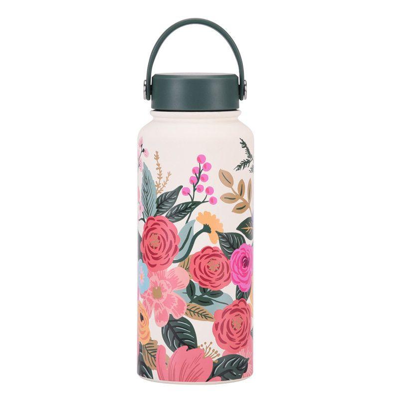 2025 New Model 1L Large Capacity Thermos Cup with Wide Mouth, Portable Handle, Sports Water Bottle, Outdoor Printed Water Cup for Women