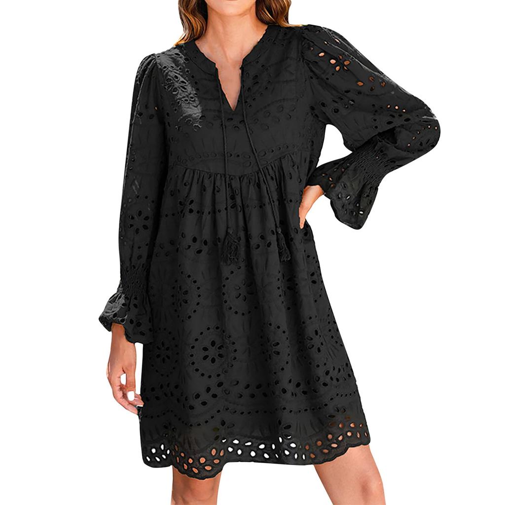 Женские модные кружевные повседневные платья с длинным рукавом и V-образным вырезом
