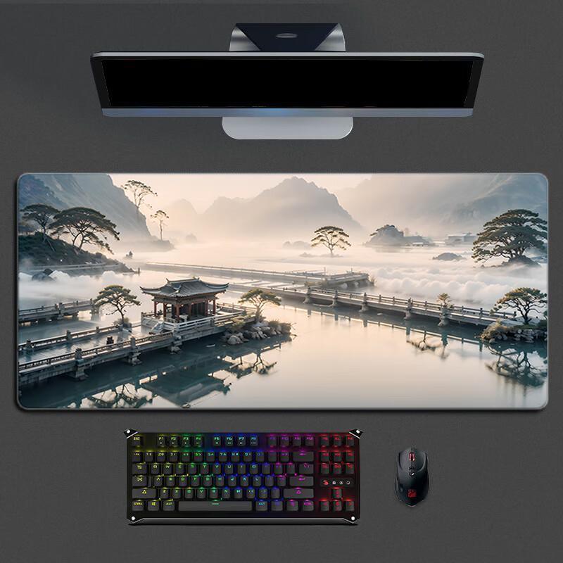 Large Mouse Pad, Office Gaming FPS Smooth Mat, Anime Style Chinese-Style High-Quality Desk Pad , Premium Feel, 800*300*2mm Landscape Courtyard Desig