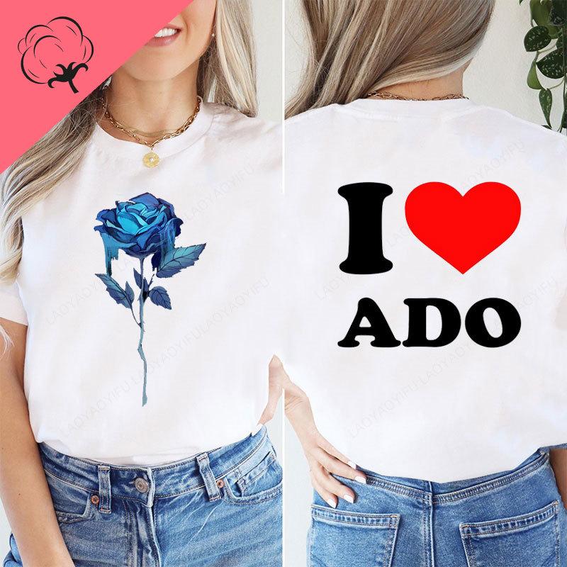 Женская одежда Двусторонний стиль Печатная футболка Ado T-shirt ADO Синяя Роза Графические футболки Streetwear Хлопковые топы с круглым вырезом