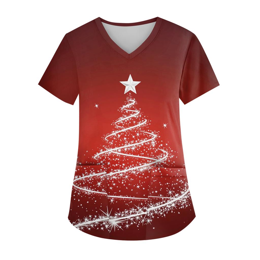 Women's V-neck Christmas Print Short-sleeved Pocket Side Slit Uniform Top