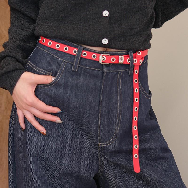 Slim Red Y2K Punk Belt Women No-Drill Installation PU Leather Dual-Layer Waistband Trendy Casual Accessory
