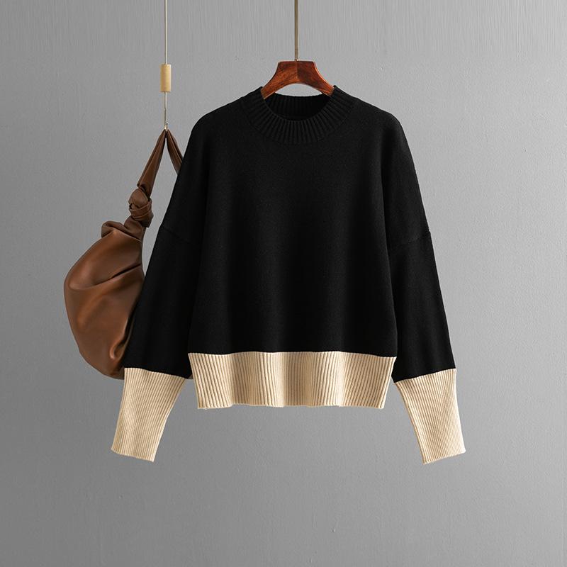 2024 Autumn/Winter Women's Color Block Knit Sweater - Round Neck & Loose Fit, European/American Style