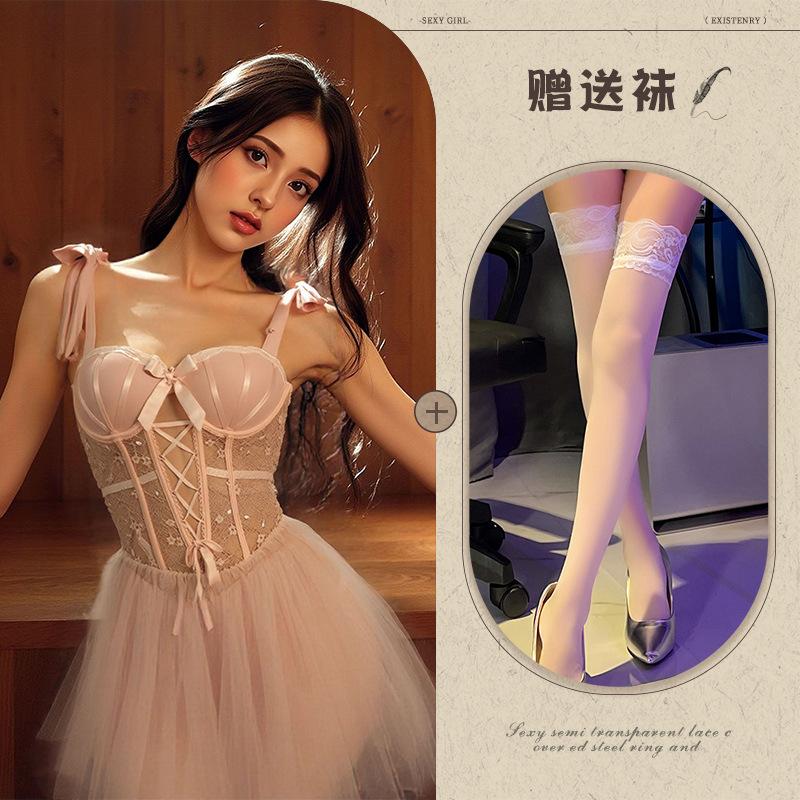 Sexy underwear, sexy slim mesh perspective plus chest pad, steel ring gathering suspenders, nightdress women's suit