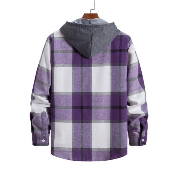 Men Spring Autumn Hooded Drawstring Shirt Coat Long Sleeve Plaid Print Solid Color Patchwork Color Single Breasted Casual Coat